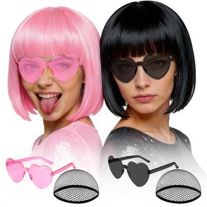 2 x MEEZY 2 Pcs Colorful Bob Wigs with Bangs Black Pink for Women, Neon Fun Wig Short Bob Hair with Heart Sunglasses Hair Cap for Halloween Costume Cosplay Photography Birthday Bachelorette Party Carnival