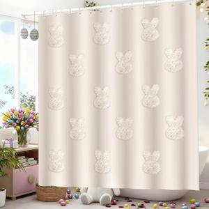 Easter Shower Curtain, 3D Tufted Bunny Embroidery Easter Spring Shower Curtain for Bathroom Waterproof Fabric with 12 Hooks Rustic Rabbit Jacquard Bathroom Decorations 72 X72 Inch (Beige)