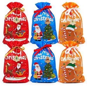 6pcs Cloth Christmas Gift Bags for Medium Sized PresentsReusable Fabric Drawstring Christmas Gift Bags Set and 12 Gift TageClassic Holiday Colors-Red Blue Orange Xmas Gift Bag10.2 x 14.17 inch