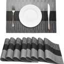 HeloHo Black Grey Stripe Placemats Set of 8, Heat-Resistant Washable Placemats Non-Slip Vinyl Woven Table Mats Wipeable Placemat for Kitchen Dining Table Decoration Indoor Outdoor