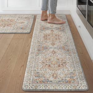 GENIMO Kitchen Mats for Floor, 2PCS Kitchen Rugs Non Slip Washable, Waterproof Anti Fatigue Mat, Comfort Standing Runner Rug for Sink, Office, Laundry, Home, 17.3"x59"+17.3"x30", Orange&Brown