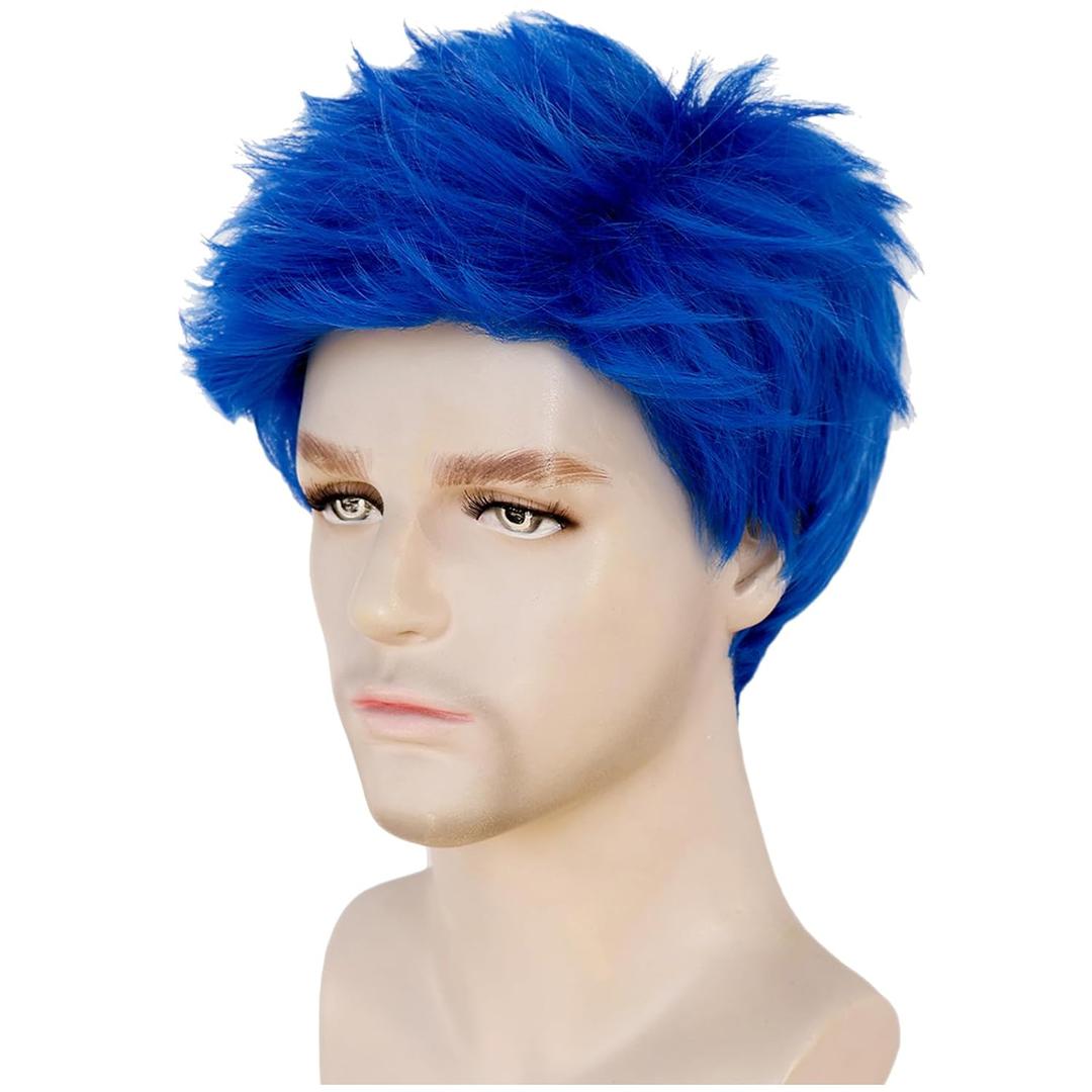 Mens Blue Wig Short Layered Male Royal Blue Wig Straight Heat Resistant Synthetic Hair for Halloween Cosplay Anime Party