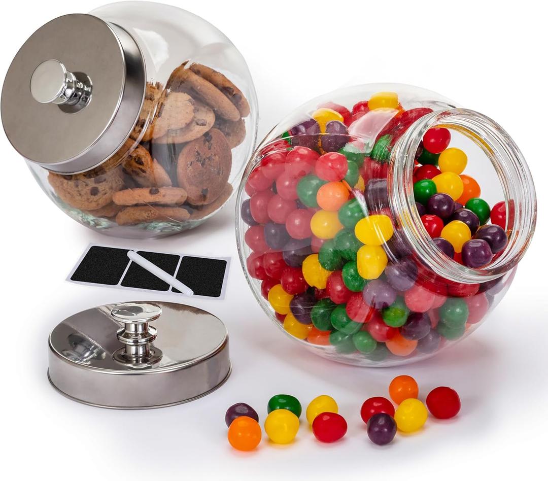 1 Gallon Large Glass Cookie Jars for Kitchen Counter + Marker & Labels - Food Storage Canisters with Airtight Lids, Coin & Penny Jar for Candy Buffet, Coffee, Laundry Detergent Holder, Set of 2.