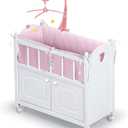 Badger Basket Wooden Toy Doll Bed with Storage, Mobile, and Bedding to Pretend and Play - Includes Wheels and Free Personalization Kit - White with Pink Gingham Fabric