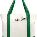 TOPDesign 1-Pack Canvas Tote Bag with an External Pocket, Reusable Grocery Shopping Bag, Top Zipper Closure, Daily Essentials (Green/Natural)