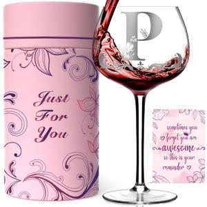 Personalized Monogram Gifts for Women - Customized Initial A-Z Wine Glass, Unique Birthday Wine Gifts for Friend, Her, Mom, Wife, Sister, Daughter - 16oz Elegant Custom Stemmed Glassware (Letter P)