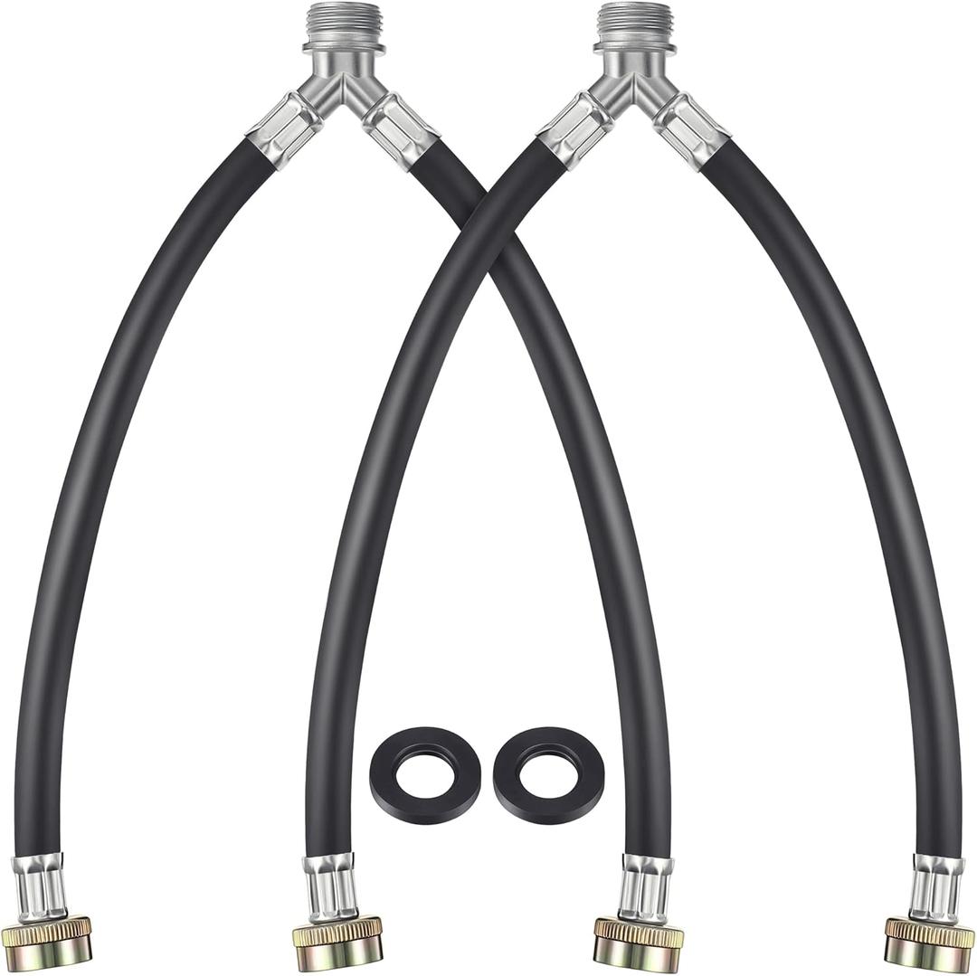 Dreyoo Rubber Washing Machine Y Hose, 3/4 Inch Brass Fittings, 1 ft (12 Inch) Length Hot and Cold Water Supply Y Mixer Hose Connector for Washing Machines Outdoor Garden Faucets(Black,2 Pcs)