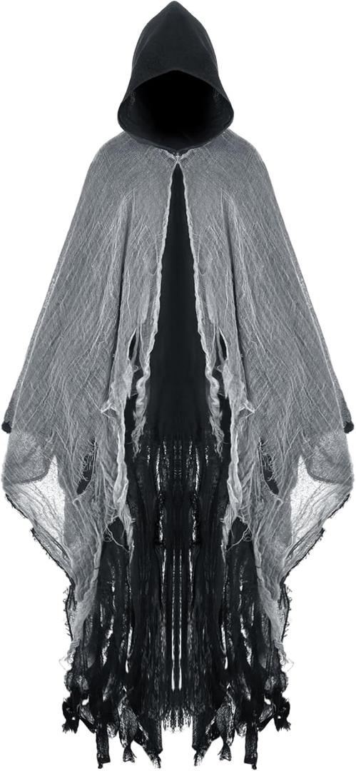 Geyoga Grim Reaper Costume Scary Hooded Cape Witch Costume Hooded Cape for Adult Women Man Cosplay Props (Large, Black)
