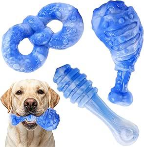 WinTour Dog Toys for Aggressive Chewers 3 Pack, Tough Dog Chew Toys for Aggressive Chewers, Indestructible Dog Toy to Keep Them Busy for Small, Medium and Large Breeds, Bacon Flavor, Blue