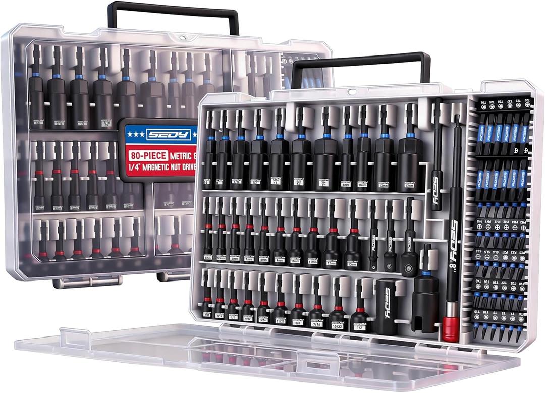 80-Piece Premium Magnetic Impact Nut Driver Set Metric & SAE with Socket Adapters, Bit Holder, Wing Nut Driver, Universal Sockets, Quick Release Extension, Power Bits