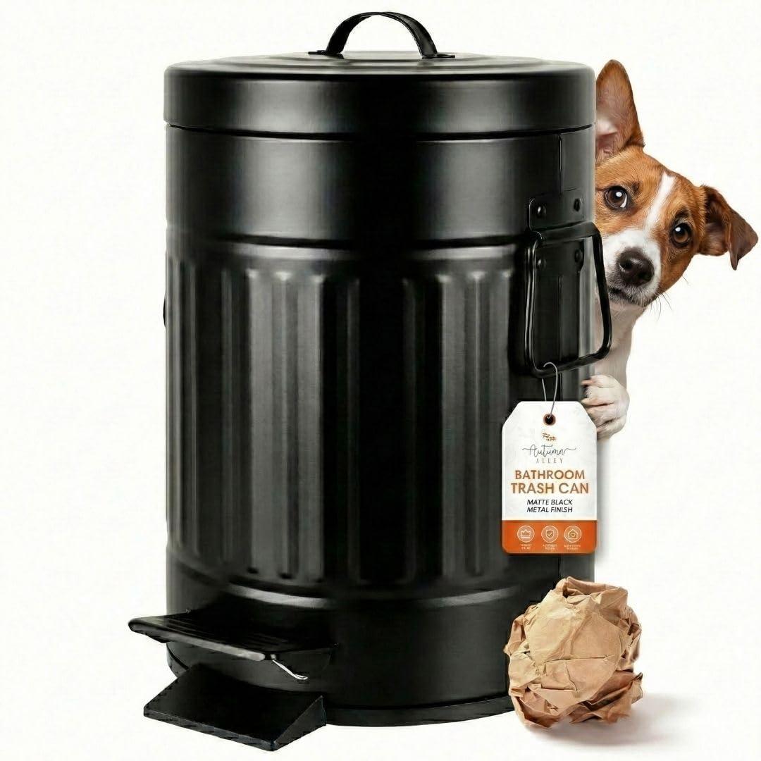 Autumn Alley Small Farmhouse Bathroom Trash Can, Pet Proof Matte Black Trash Can with Lid for Rustic Bathroom, Farmhouse Kitchen Step Waste Bin, Retro Metal Wastebasket 5L/1.3 Gal.