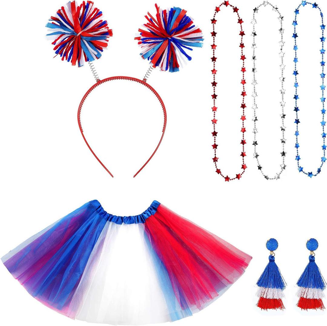Hicarer 6 Pcs 4th of July Tutu Set Women Red White and Blue Accessories 250th Tutu Patriotic Costume Independence Day Favors