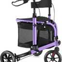 3 Wheel Rollator Walker with Seat for Slim Seniors, Padded Backrest Lightweight Foldable Walker Ideal for Elderly, 8 Inch Tri-Wheel Modern Mobility Walking Aid Aluminum, Purple