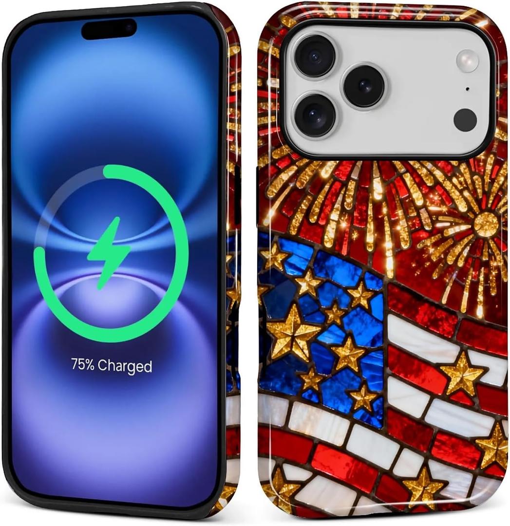 Case for iPhone 17 Pro(Compatible with MagSafe),Soft TPU+Hard Acrylic 2-in-1 Glossy Phone Cover for Men/Women,Shockproof Protective Case Compatible with iPhone 17 Pro Fireworks USA Flag