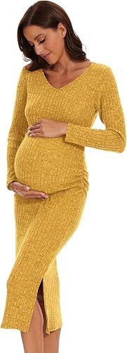 LAHILO Long Sleeve Maternity Sweater Dress for Fall Winter Baby Shower & Photoshoot - Women's Pregnancy Maternity Dresses XL