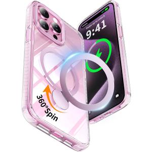 YOOVEI for iPhone 15 Pro Case,with Kickstand 360Rotatable Magnetic Invisible Ring Stand [Compatible with MagSafe],Shockproof Protective Slim Soft Edge,Phone Grip Cover 6.1'',Clear Pink