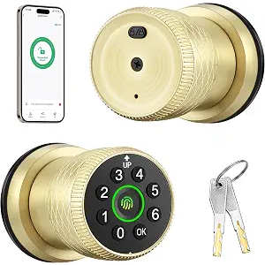 Leydebong Keyless Entry Fingerprint Door Knob, Smart Biometric Door Lock with Keypad Passcode Door Knob with Auto-Lock for Front Door, Bedroom, Gate & Office