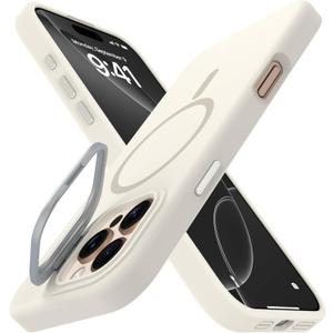 for iPhone 16 Pro Max Liquid Silicone Case with Invisible Camera Ring Stand Compatible with Magsafe, Slim Metal Buttons Anti-impact Magnetic Protective Case for iPhone 16 Pro Max 6.9", White
