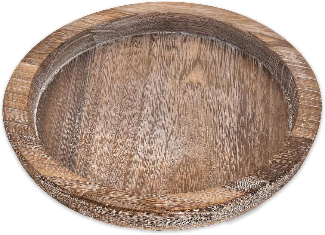 Rustic Wooden Serving Tray - Candle Holder, Round Coffee Table Decor, Home Centerpiece (11.14 in)