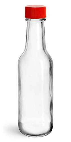 5 oz Clear Glass Sauce Bottles w/Red Ribbed Lined Caps and Orifice Reducers , 18 Pieces