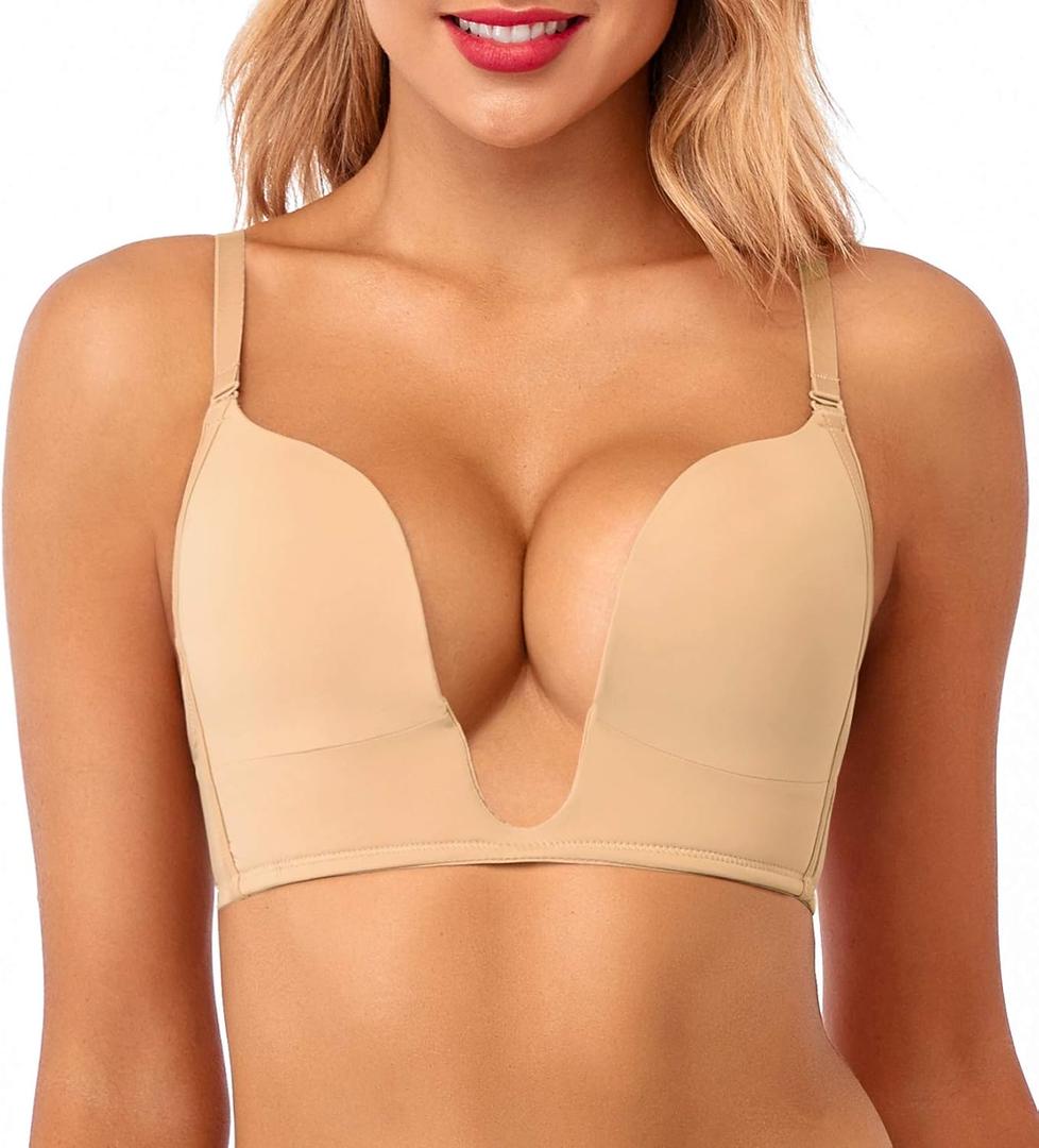 Women's Deep Plunge Bra Cleavage Enhancer Low Cut Wireless Bra Padded Push Up (34B, Nude)
