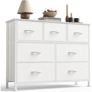 Sweetcrispy 7 Drawer Dresser with Fabric Bins Fabric Storage Tower Organizer for Bedroom Closet Hallway Entryway Tall Chest of Drawers with Steel Frame Wood Top Easy Pull Handles,White, 11.8"D x 39.3"W x 30.3"H