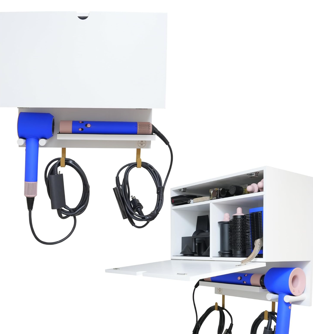 2in1 Storage Holder compatible with Dyson Hair Dryer Holder Wall Mount - Premium Wooden Organizer for Airwrap Holder Wall Mount Storage Rack for Accessories and Attachments