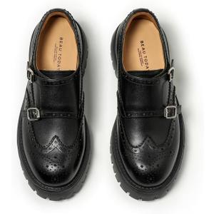 BEAU TODAY Chunky Loafers for Women, Womens Leather Platform Loafers, Lug Sole Tassel Slip On Loafers Shoes Brogues Wingtip Casual Business Shoes Comfortable Dressy (9, Black-2)