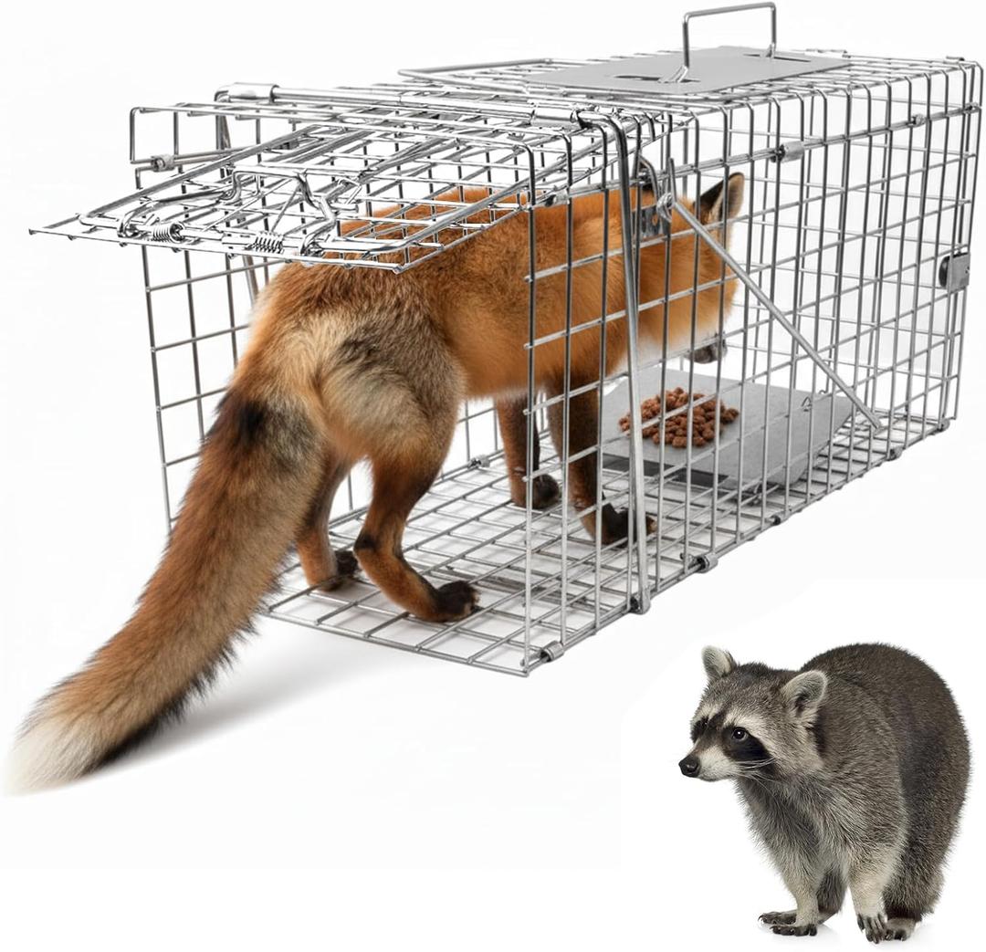 Live Animal Cage Trap, 37" x 13" x 14.5" Humane Cat Trap Galvanized Iron, Folding Raccoon Traps with Handle for Stray Cats, Raccoons, Foxes, Large Dogs, Coyotes, Catch and Release