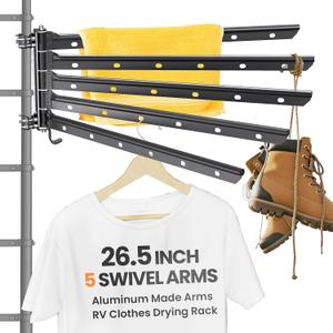 RV Clothes Drying Rack, 26.5-inch Width Ladder Mounted Clothes Drying Rack with 5 Swivel Arms, All Metal, Foldable Design, 90 LBS, RV Must Have for MotorHomes, Fifth Wheels, Trailers, Large