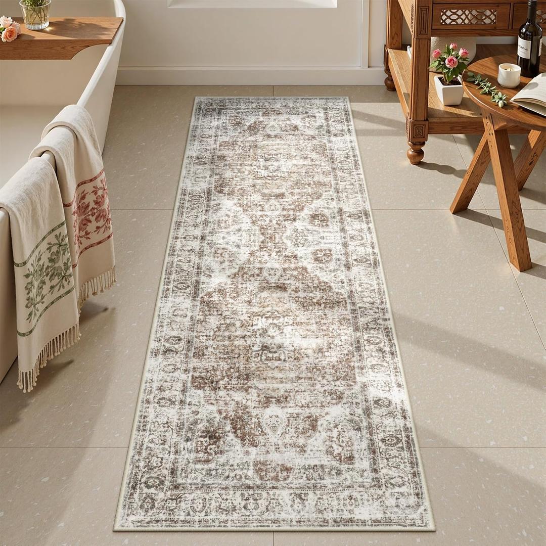 Uphome Bathroom Rugs Runner, Distressed Farmhouse Boho Khaki Bath Mat, Non Slip Washable Long Bath Rugs, Vintage Traditonal Soft Velvet Bathroom Runner for Bathtub Sink Shower, 20x60 inch (1'8" x 5' (Runner), Khaki/Red Brown)