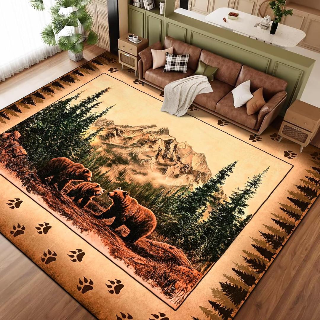 FRAMICS Rustic 9x12 Area Rug Washable Rugs for Living Room, Soft Faux Wool Cabin Bear Bedroom Rugs Non Slip, Farmhouse Floor Carpet Low Profile Extra Large Throw Rug for Dining Room Home Decor