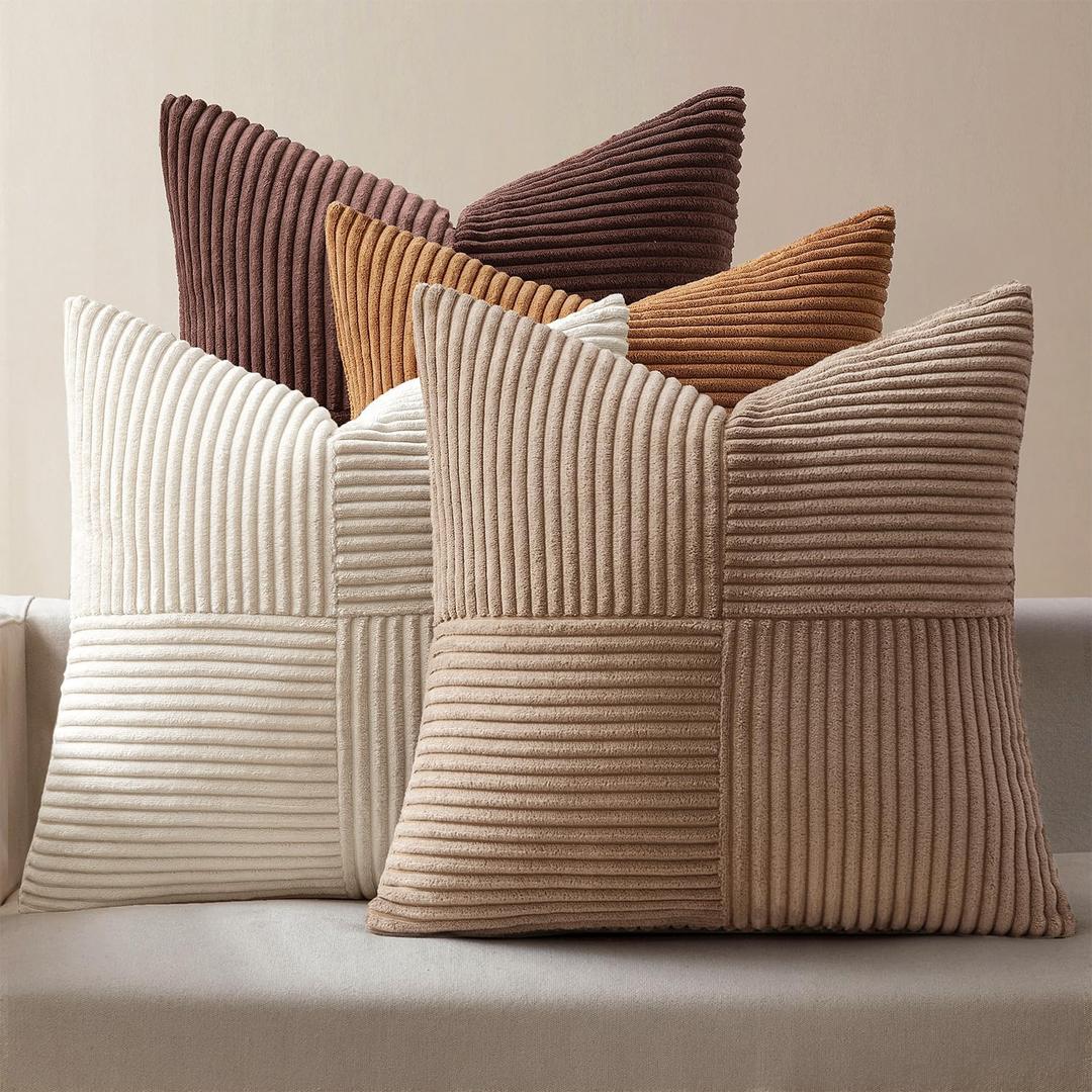 MIULEE Brown Throw Pillow Covers 18x18 Inch Set of 4 Boho Farmhouse Cushion Cases Neutral Gradient Corduroy Pillow Cases with Invisible Zipper Patchwork Home Decor for Couch Sofa Bed