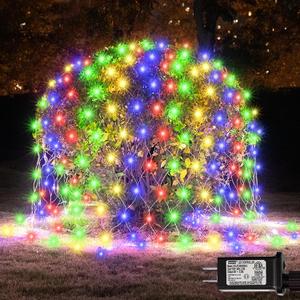 300 LED Net Lights for Bushes, 14.8ft x 5ft 8 Modes Christmas Outdoor Mesh Lights Connectable, Waterproof Decorative String Lights Plug in for Xmas Tree Garden Wedding Party (Clear Wire, Mulitcolor) (Multicolor)