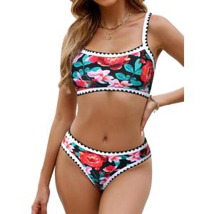 SEAFORM Women Two Piece High Waisted Bikini Set Boho Floral Print Swimsuit Tummy Control Bathing Suits Sexy Vintage Swimwear (Small, Red Flower)