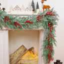 Dolicer 6FT Christmas Pine Cedar Garland with Red Berries, Lush Winter Greenery with Lights for Mantel Home Fireplace Holiday Decorations