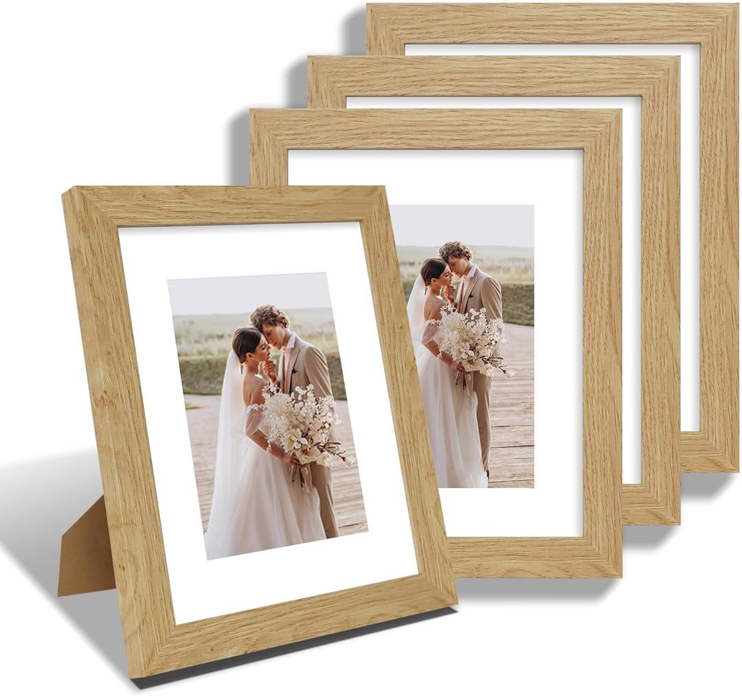Hongkee 8x10 Picture Frame Set of 4, Made of Real Glass and Natural Oak Wooden Frame, 8 by 10 Photo for Wall or Tabletop - Display Picture 5x7 with Mat or 8x10 Without Mat