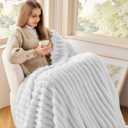 NEWCOSPLAY Super Soft Throw Blanket White Premium Silky Flannel Fleece 3D Ribbed Jacquard Lightweight Bed Blanket All Season Use (White Ribbed, Throw (50"x60"))