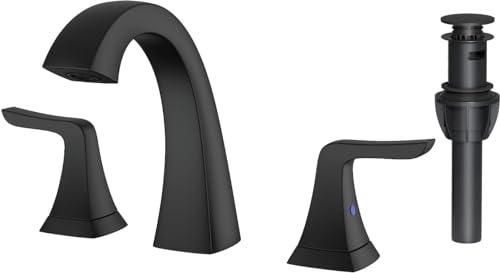 Bathroom Sink Faucet, Black Bathroom Faucets, Widespread Bathroom Faucet for Sink 3 Hole - 2-Handles Faucet with Pop Up Drain Assembly and 2 Water Supply Lines Faucets for RV Bath Vanity