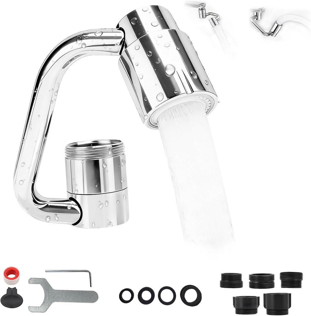 U-Shaped Faucet Extender with 1080 Rotation & Dual Spray Modes  Stainless Steel Kitchen & Bathroom Sink Aerator, Includes 4 Adapters for 8.66in/9.45in Faucets