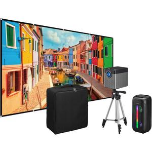 iLive Cinema Pop-Up Film Kit, 720p Projector with 120 Inch Screen, Bluetooth 5.0 Speaker, HDMI/USB/3.5mm, Black, Portable Theater, 21.5 x 17 x 19 cm