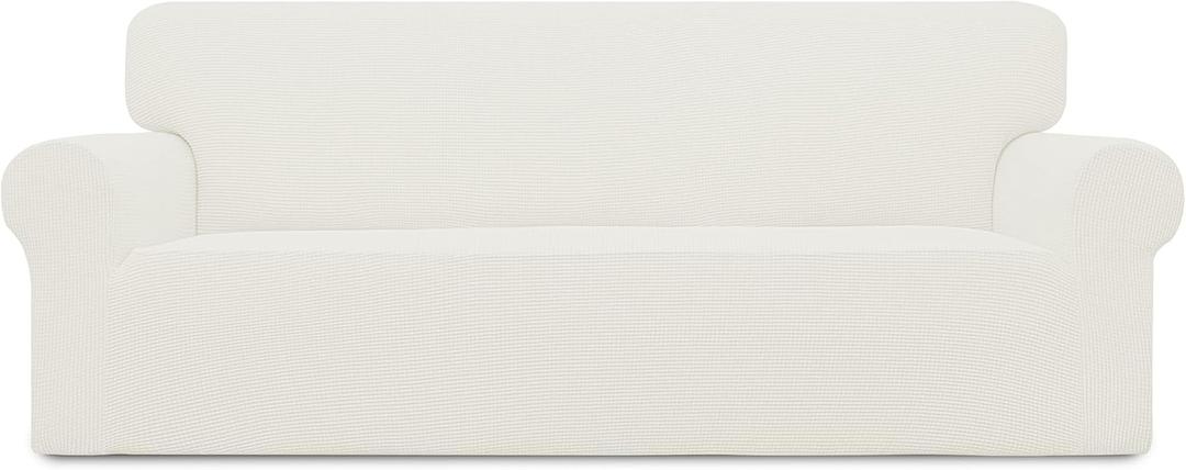 Easy-Going Stretch Sofa Slipcover 1-Piece Sofa Cover Furniture Protector Couch Soft with Elastic Bottom for Kids, Polyester Spandex Jacquard Fabric Small Checks (Sofa, Cream)