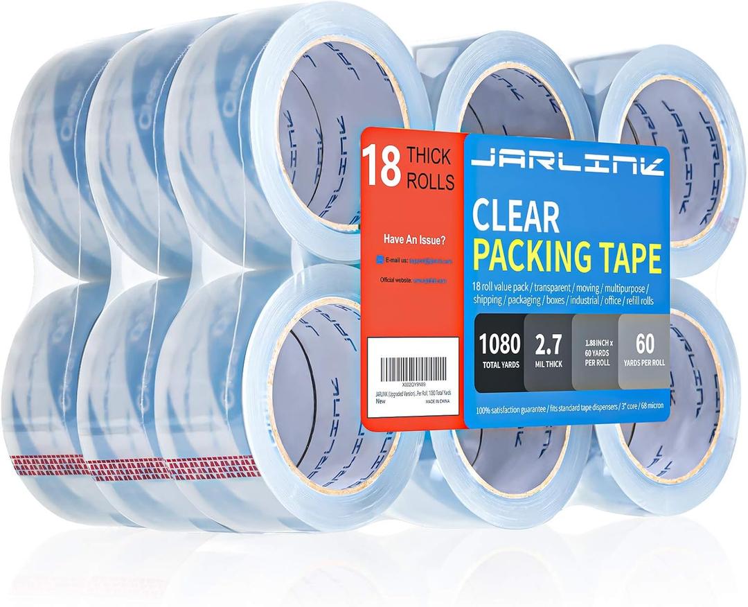 JARLINK 18 Rolls Ultra Clear Packing Tape | 2.7mil Thick and 1.88" Wide. 60 Yards per Roll, 1080 Total Yards. Heavy Duty Packaging Tape for Shipping and Moving