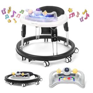 Baby Walker with Wheels,Music and Lights Baby Walker for Boys Girls 6-12 Months,Foldable Baby Walkers and Activity Center,Toddler Infant Walker with 7-Speed Height Adjustment,Detachable Plate,Black (4.3 x 24.41 x 24.41 Inch)