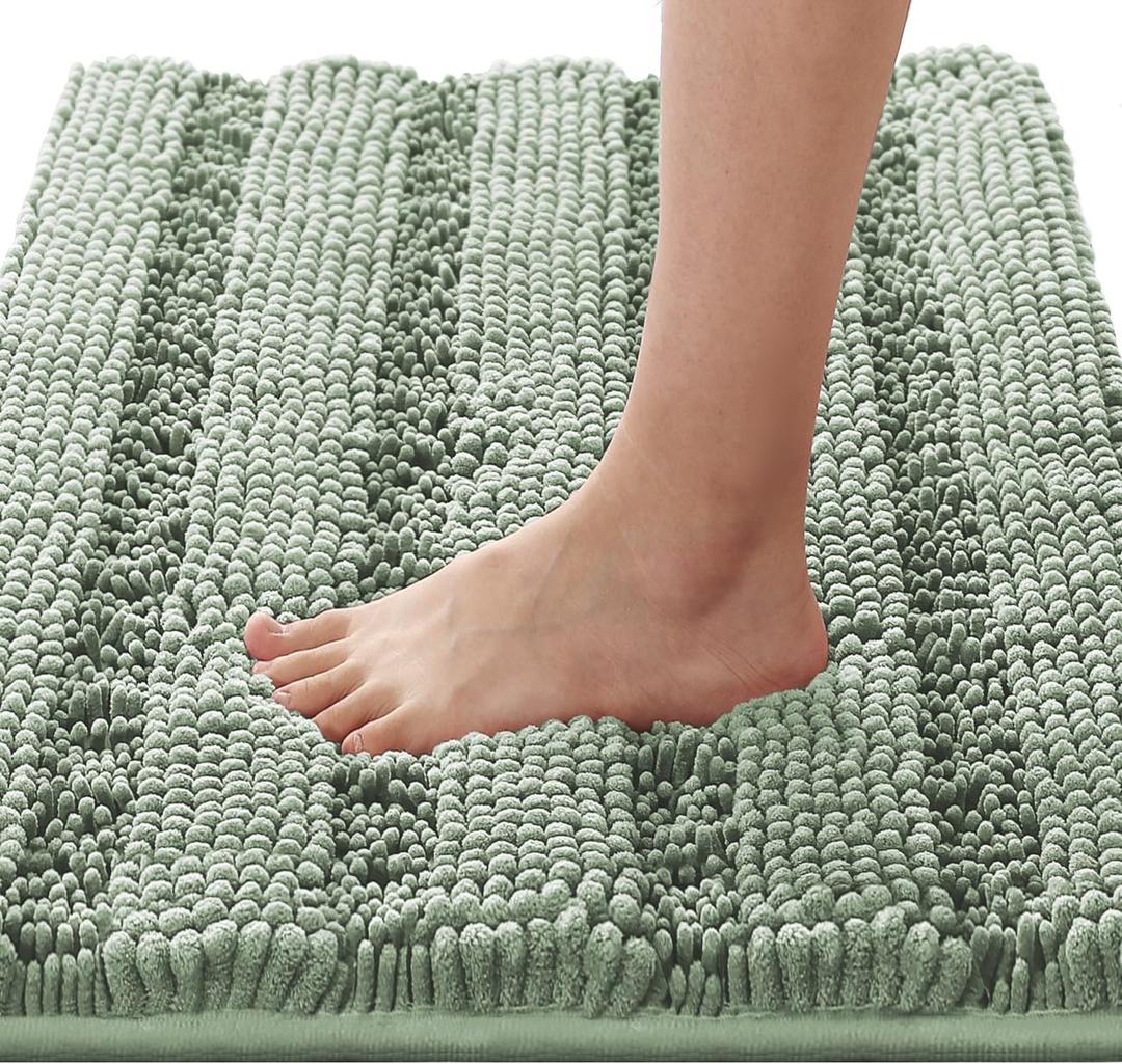 H.VERSAILTEX Bath Rugs for Bathroom Non Slip Bath Mats Extra Thick Chenille Striped Rug 20" x 32" Absorbent Non Skid Fluffy Soft Shaggy Washable Dry Fast Plush Mat for Indoor, Bath Room, Tub - Sage