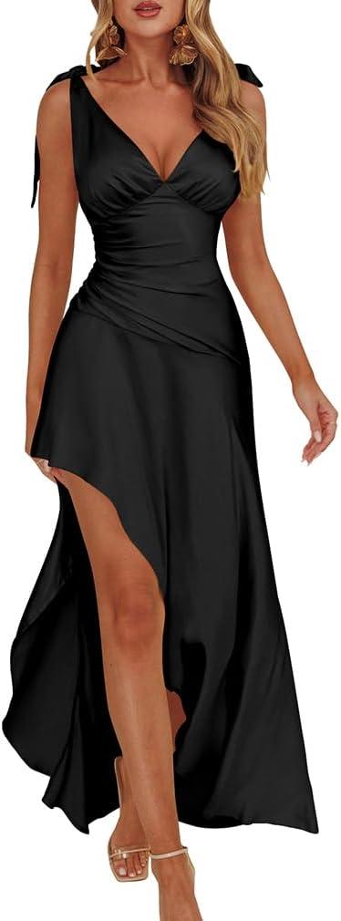 LAGSHIAN Women's Summer V Neck Sleeveless Bodycon Ruched Irregular Hem Cocktail Party Satin Flowy Maxi Dress (Blue, L)