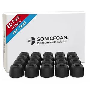 SONICFOAM (SF2 Small Black) Memory Foam Earbud Tips for Earbuds with Speaker Diameter 4.4-5.7mm - (20 Pack / 10 Pairs)