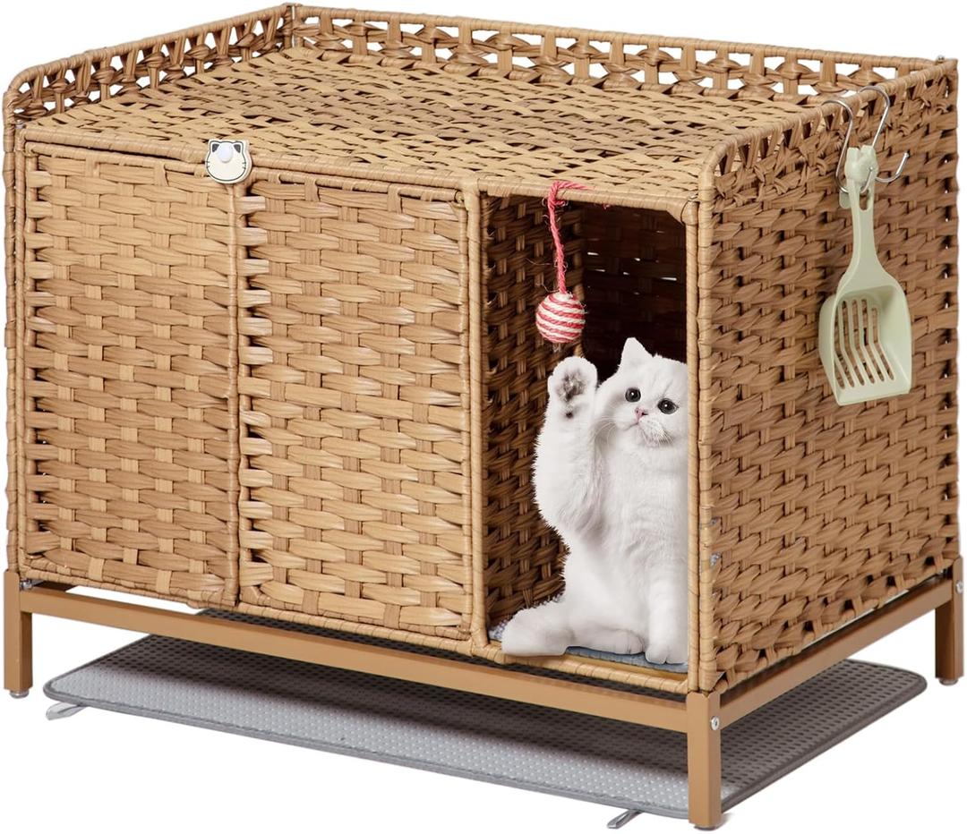 Cat Litter Box Enclosure Furniture with Divider, Handwoven Rattan Litter Box with Mat, 31.2 x 19.6 x 24.2 Inches, Metal Heightened Feet, Hidden Cat House for Living Room, Bedroom (Natural)