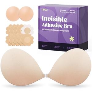 Invisible Strapless Sticky Bra Push up for Women, Ultra Adhesive Bra for Backless Dress, Cleavage Bra Lift Novelty Bras (B Cup, Light Beige)