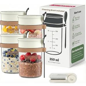 Overnight Oats Containers with Lids and Spoons (4 Pack) – 12oz Glass Jars for Yogurt Meal Prep, Chia Pudding & Snacks – Leakproof Airtight Mason Jar Set – Portable Food Storage with Cleaning Brush